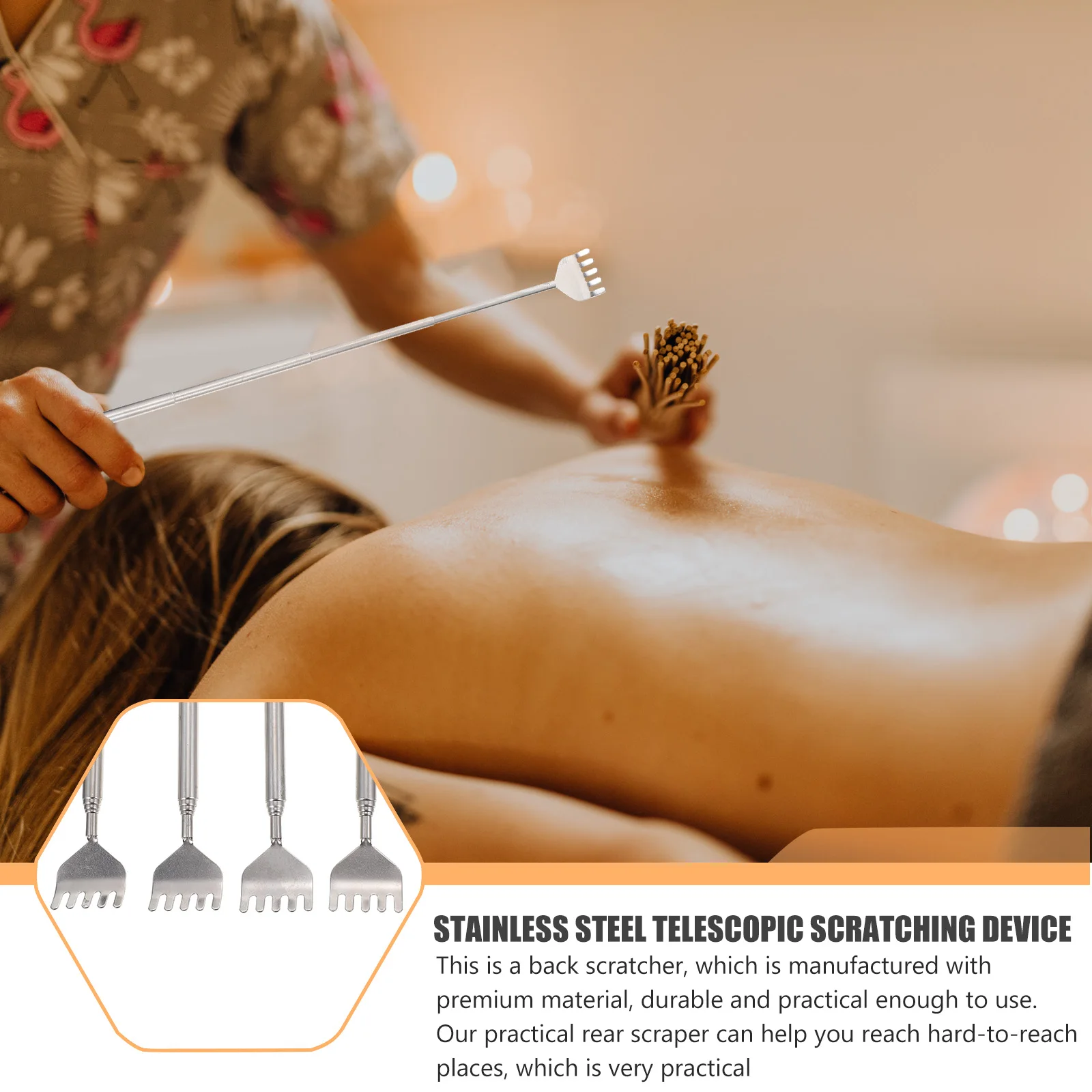 

Набор из 4 портативных скребков для спины из гладкой нержавеющей стали, выдвижной, для длительного массажа и снятия зуда, для облегчения боли в спине