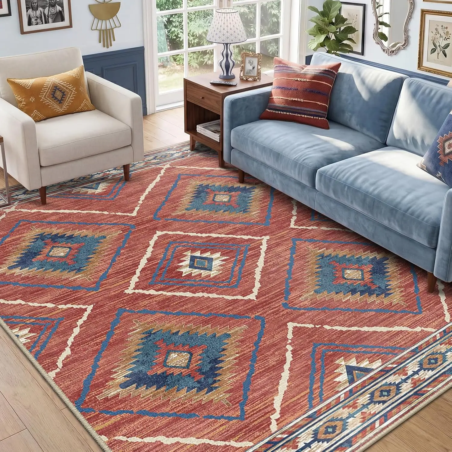 Boho Southwestern Geometric Area Rug, Red Blue Aztec Diamond Border Print, Non-Slip Washable Mat for Living Room Sofa Dining