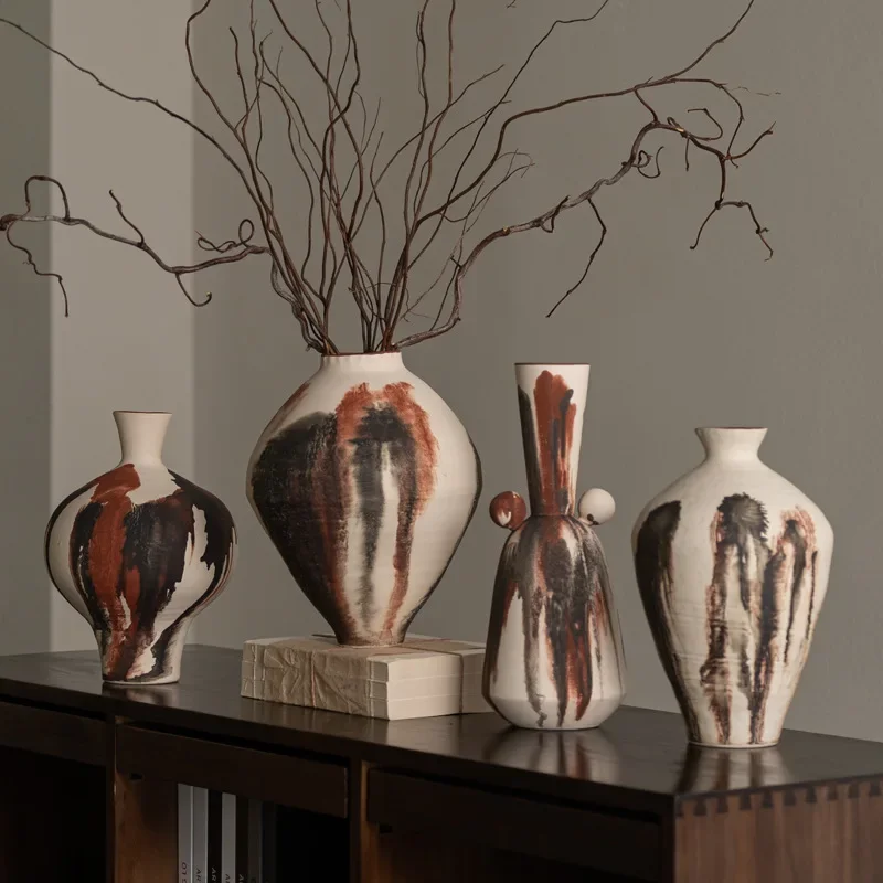 Ceramic vase ornament, wabi-sabi kiln change, medieval flower utensils, designer ornament between boards