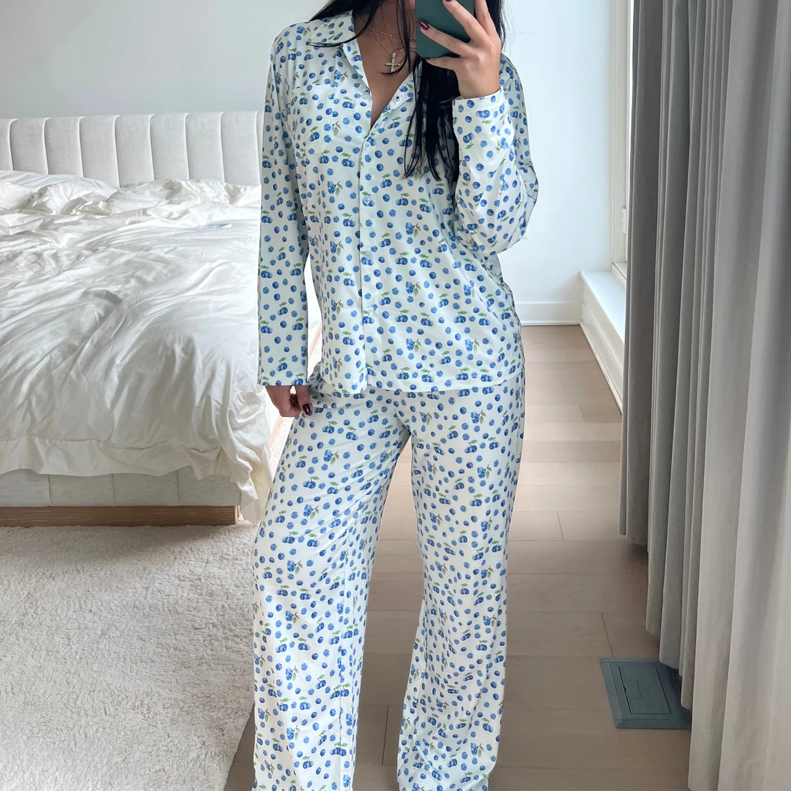 Women y2k Coquette 2 Piece Floral Pajamas Loungewear Sweet Floral Print Long Sleeve Shirt+Wide Leg Palazzo Pants Loungewear