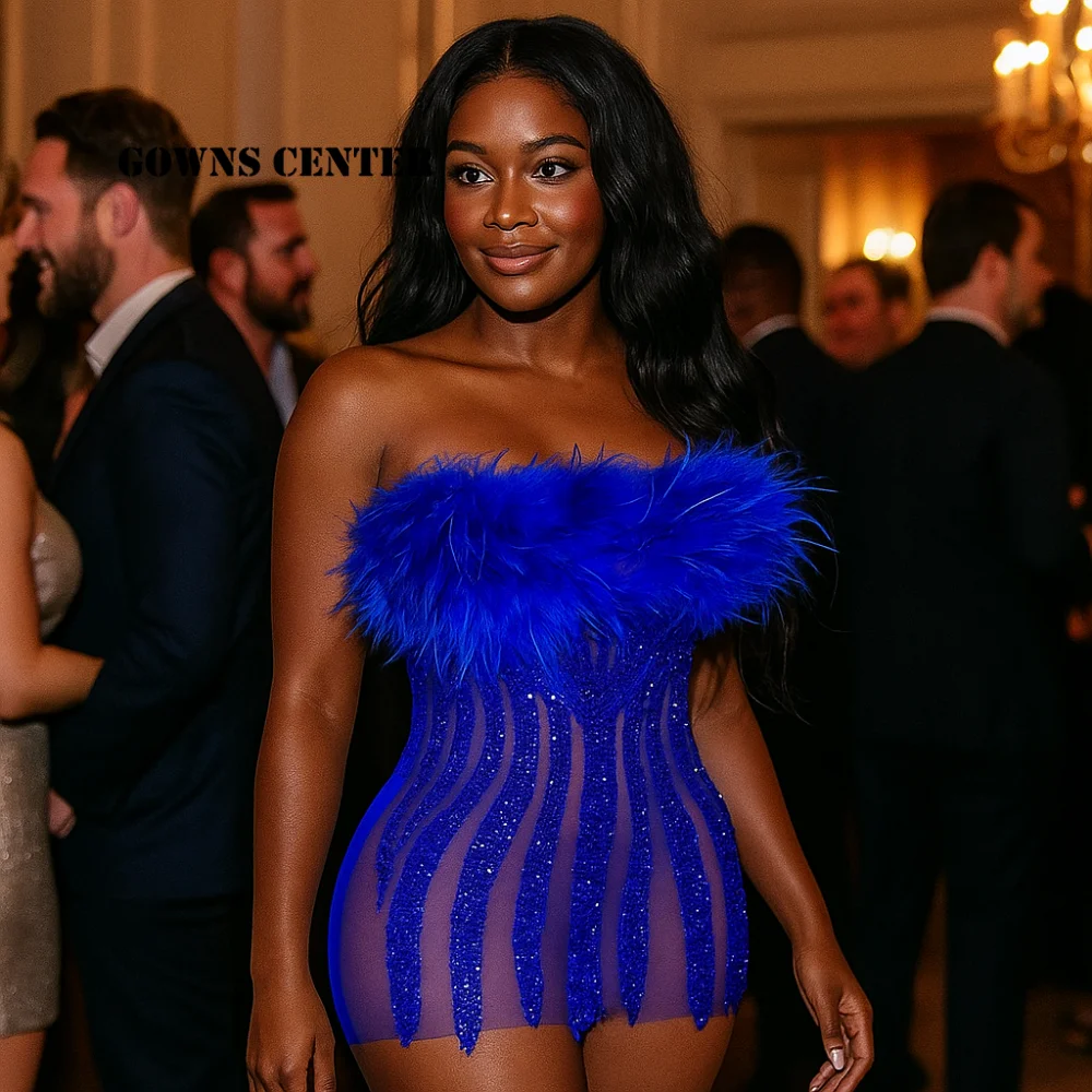

King Blue Feathers Aso Ebi Mermaid Prom Dress Pleat African Evening Party Gowns Luxury Dresses Women 2025 Customized