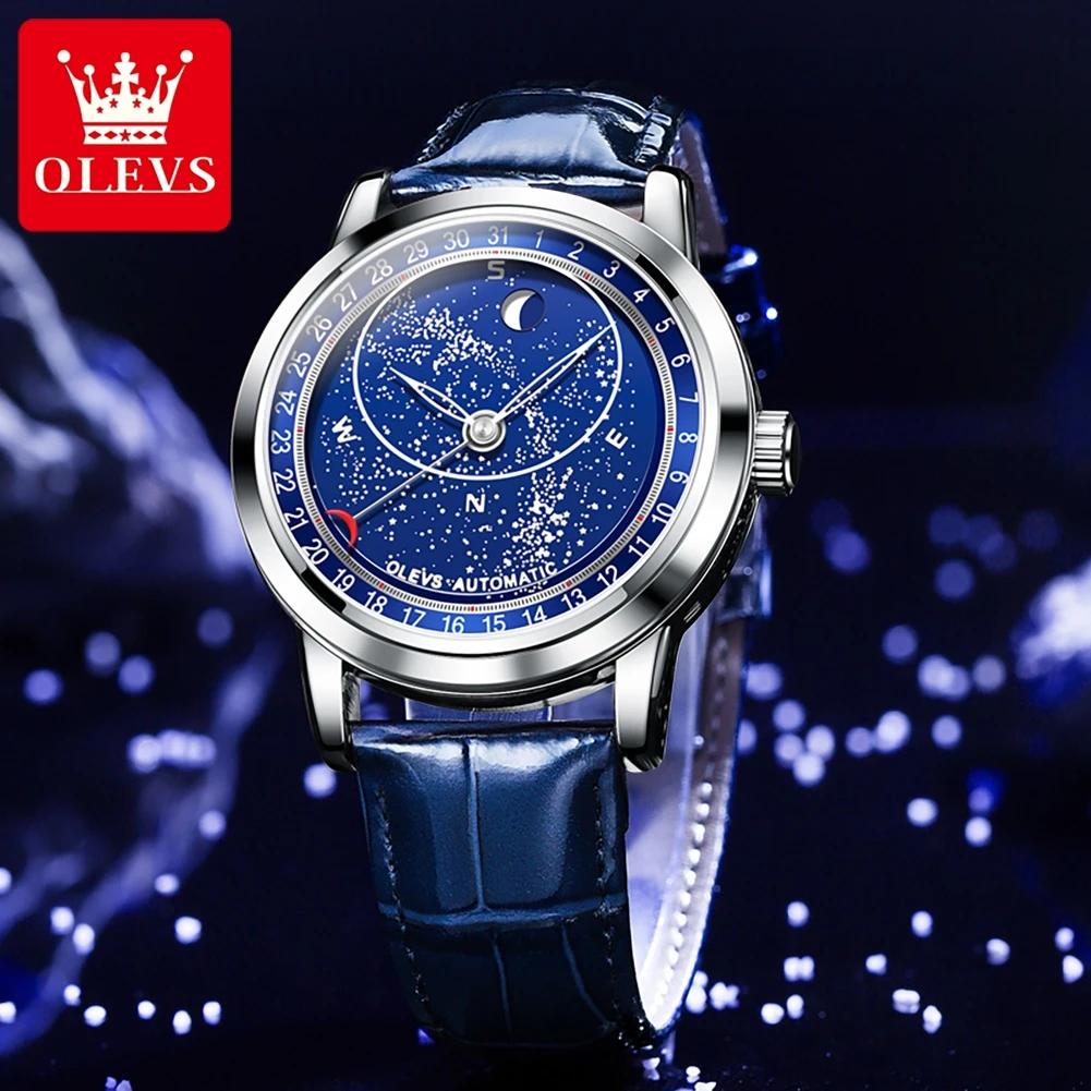 

OLEVS 9923 Мужские часы Роскошные оригинальные автоматические механические часы со звездным кожаным ремешком Водонепроницаемые мужские часы со светящимся звездным циферблатом