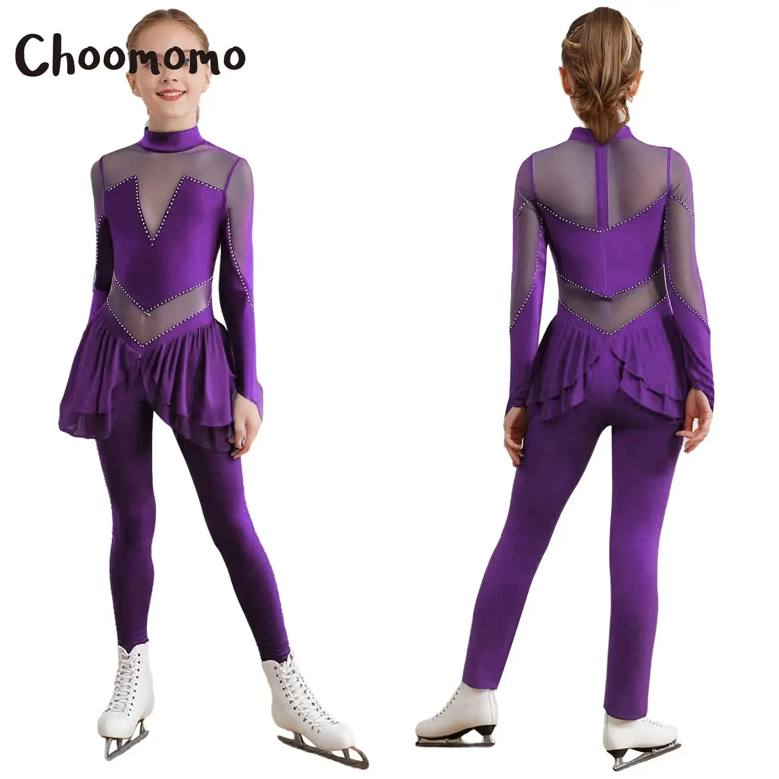 

Kids Girls Figure Skating Performance Costume Ballet Gymnastics Jumpsuit Mock Neck Long Sleeve Sheer Mesh Rhinestone Bodysuit
