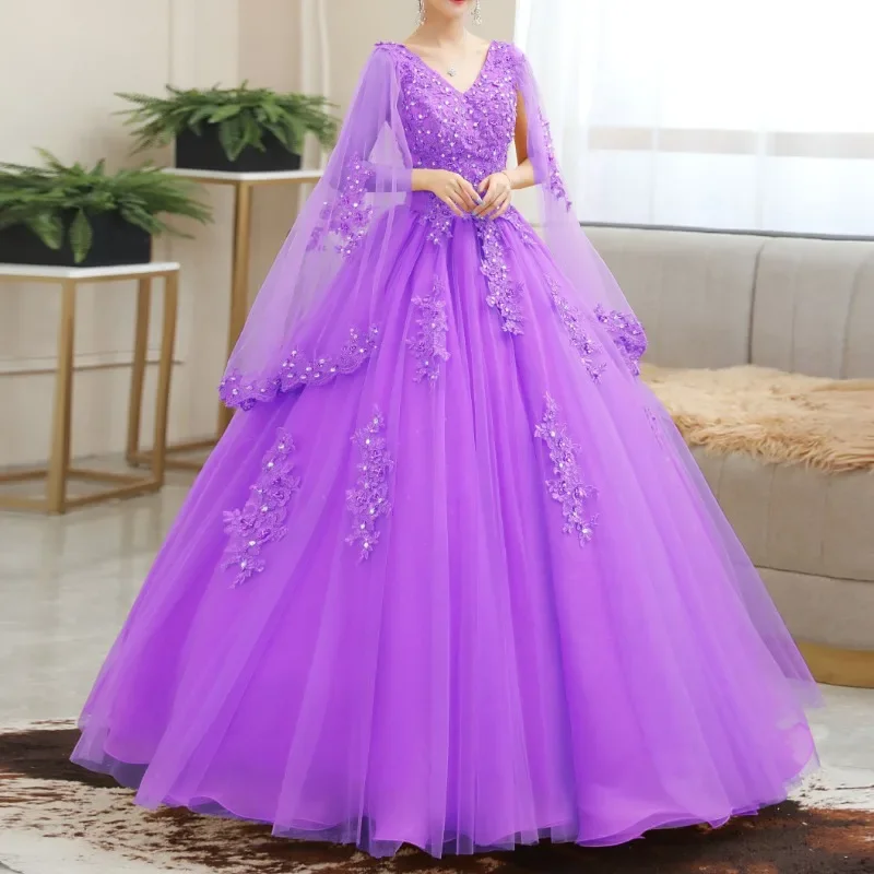 Customized Lace Beading Quinceanera Dresses With Cape Small V Neck Gowns Sleeveless Big Hemline Ball Gown Robe 2024 Vestidos De