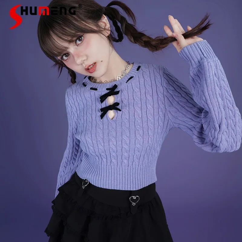 

Spring 2024 New Japanese Sweater Blue Purple Bow Twisted Short Knitwear Lantern Sleeve Versatile Loose Slimming Y2k Top Jumpers