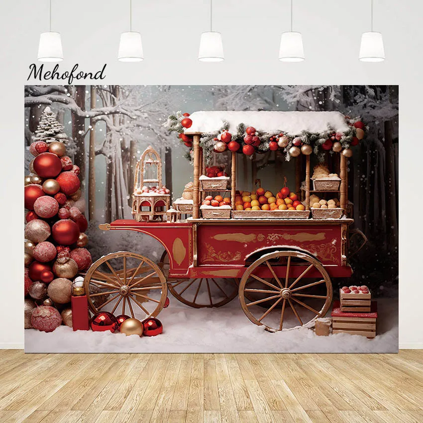 Mehofond Christmas Stand Decor Photography Backdrop Family Kid Photocall Red Bell Xmas Tree Snowy Forest Photo Background Studio