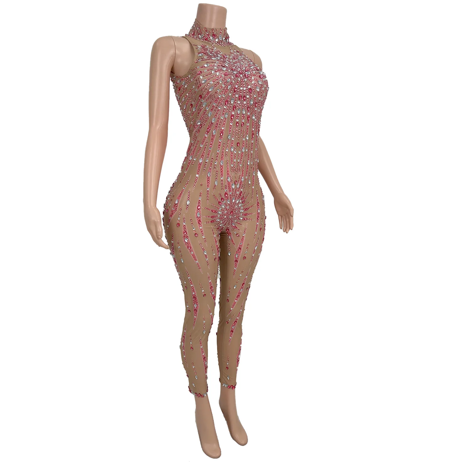 High-end Streamer Theme Party Night Out Outfit Sparkly Rhinestone Tight Fitting Jumpsuit See Through Mesh Show Sexy Wear Fengye