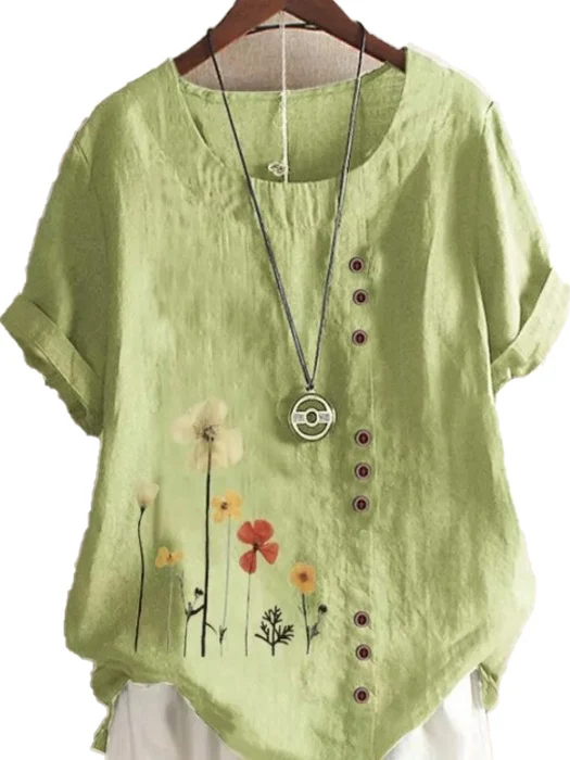 

Loose Linen ort Sve T-irt round Ne Casual Cotton Linen Print Top Women Summer Commute Sle Artistic Button Detail
