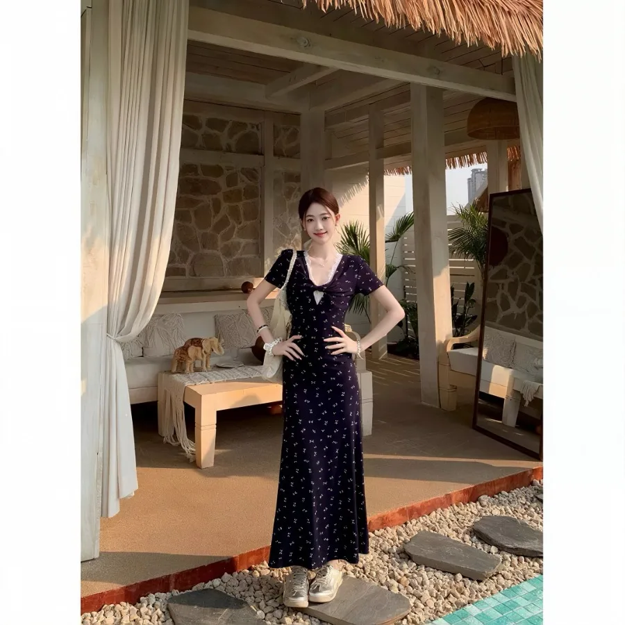 

【New style】Pure desire kink floral short-sleeved dress for women's summer new style waist waist to show slimming Korean tempera