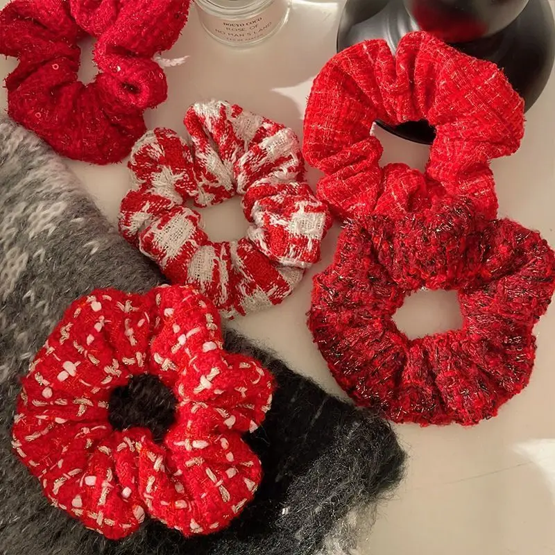 Red Scrunchies Elastic Hair Bands Women Girls Headbands Ponytail Holder Hair Ties Winter Fashion Hair Accessories