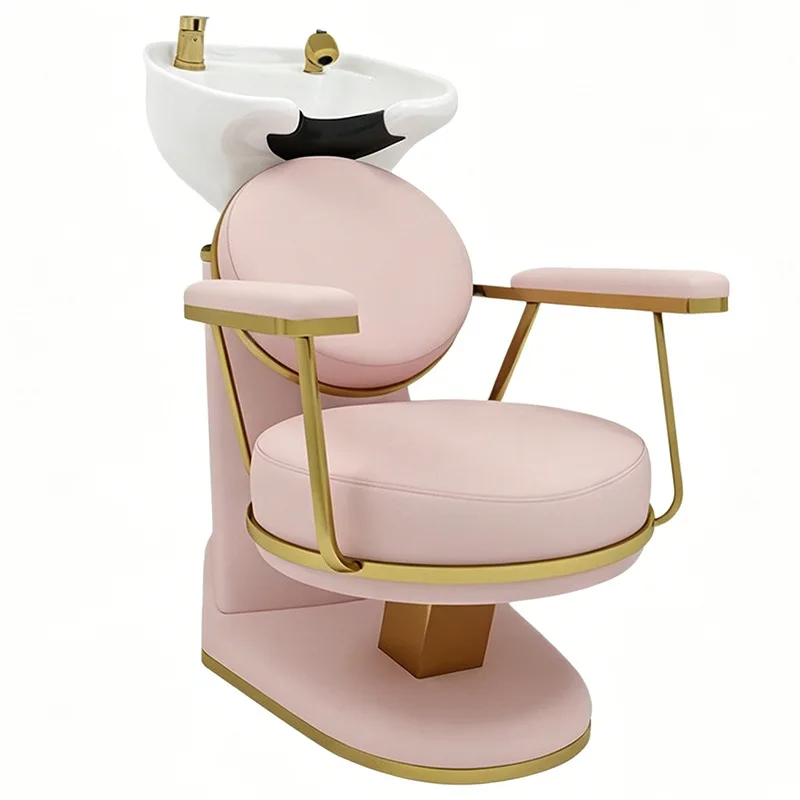 Light Luxury Pink Seated Shampoo Bed Hair Salon Ceramic Basin Flush Bed Hair Salon Shampoo Chair