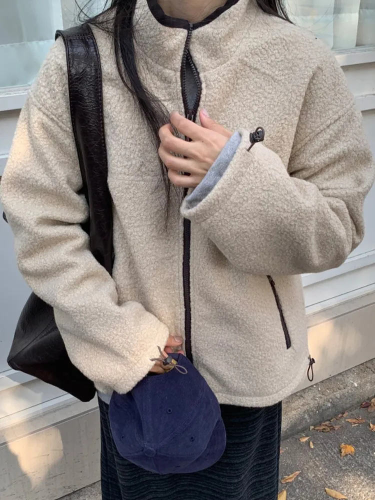 

Корейское зимнее теплое шерстяное пальто из смеси хлопка, женское свободное винтажное пальто на молнии, качественная модная верхняя одежда