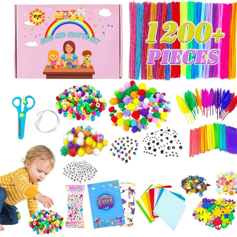 Crafting Supplies Sets For Kids Pom Poms Buttons Straws Toys For Arts Making Handmade Educational Toys Material Kit For 3 Years