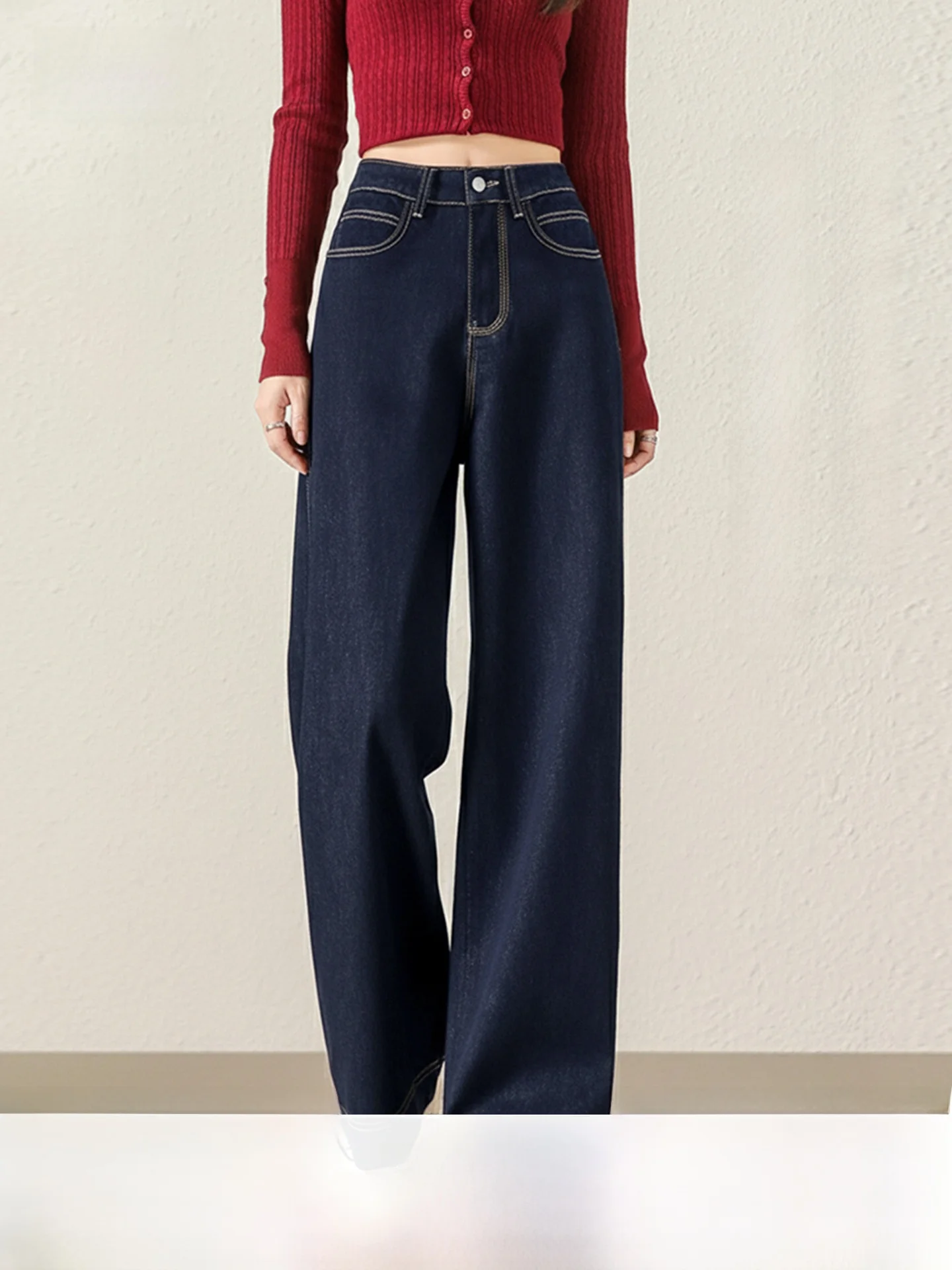 

Warm Fleece Lined Casual Straight Leg Jeans for Women Spring New Style Slimming Thermal Ladies High Waist Classic Trousers