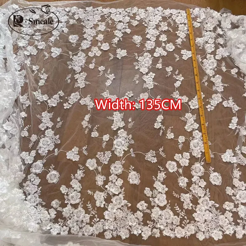 White Beaded Applique Lace Fabric, Wedding Dress, White Accessories, Width 86cm and 135cm, RS1696