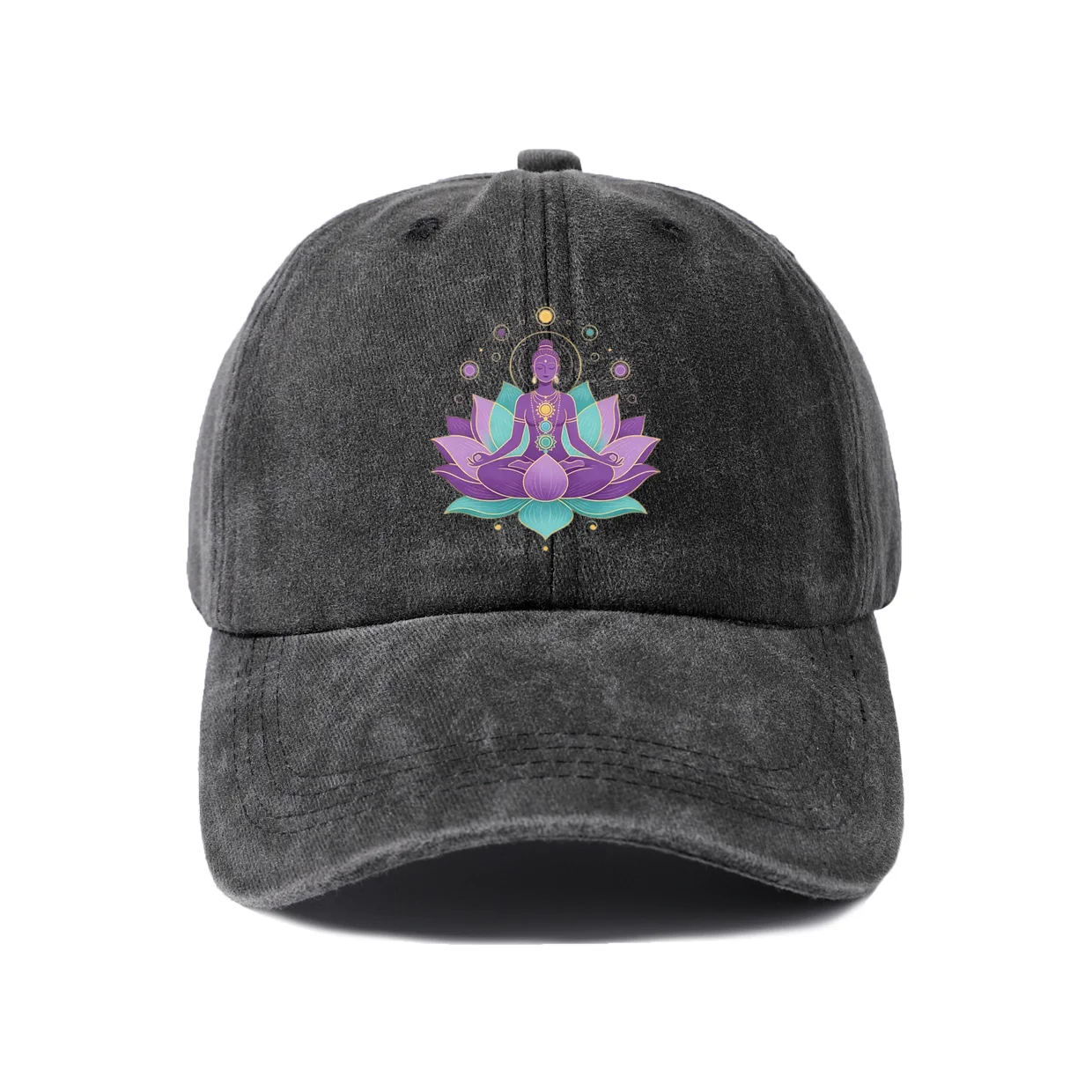 Lotus Meditation Figure Graphic Baseball Cap, Vintage Washed Adjustable Unisex Dad Hat, Casual Gift