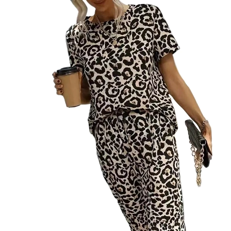 2024 Summer New Leopard Print Loose Office Lady Women Suits Fashion O Neck Short Sleeves Blouse Casual Wide Leg Trousers