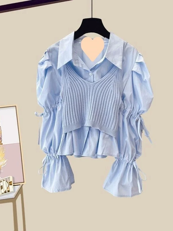 

Slimming Two-Piece irt Street Sle Slim Fit Long Sve Collared Blouse And Strap Combo for Young Women in China