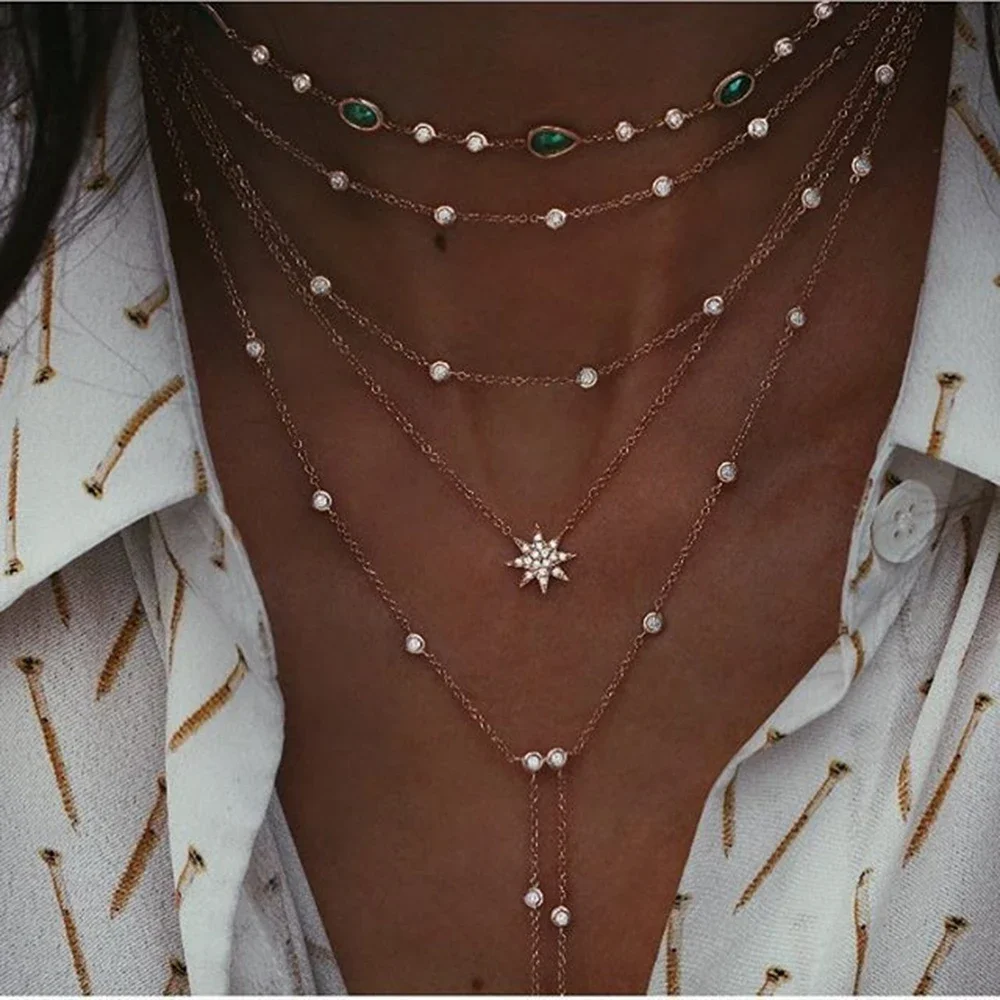 Bohemian Multi-layer Moon Star Necklace For Women Gold-plate 2020 Vintage Pendants Necklaces Geometry Chokers Jewelry Gift