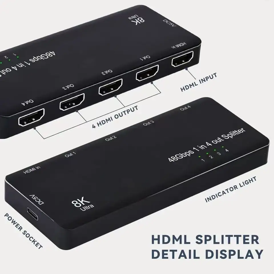 8K HDMI Splitter 1 in 4 Out 4K 120hz Sync Box 1x4 HDMI2.1 Splitter Duplicate/Mirro Screen UltraHD HDCP 2.3 for PS5 Xbox