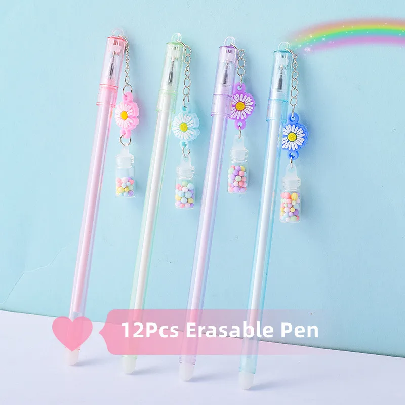 12Pcs/Set Kawaii Daisy Drift Bottle Pendant Erasable Gel Pen Blue Black Ink Neutral Pen Cute Pens Gift Girl School Stationery