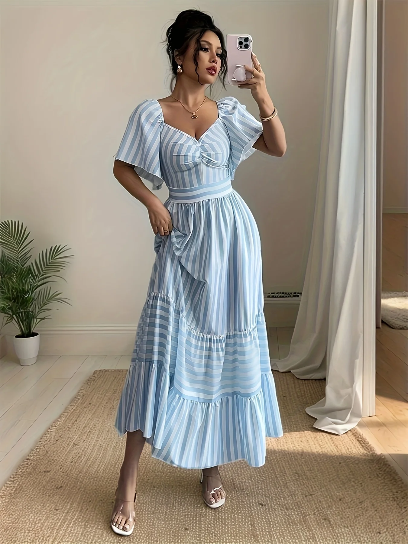 

Spring and summer women's elegant and fashionable blue and white striped V-neck short sleeved ruffle hem mid length A-line dress