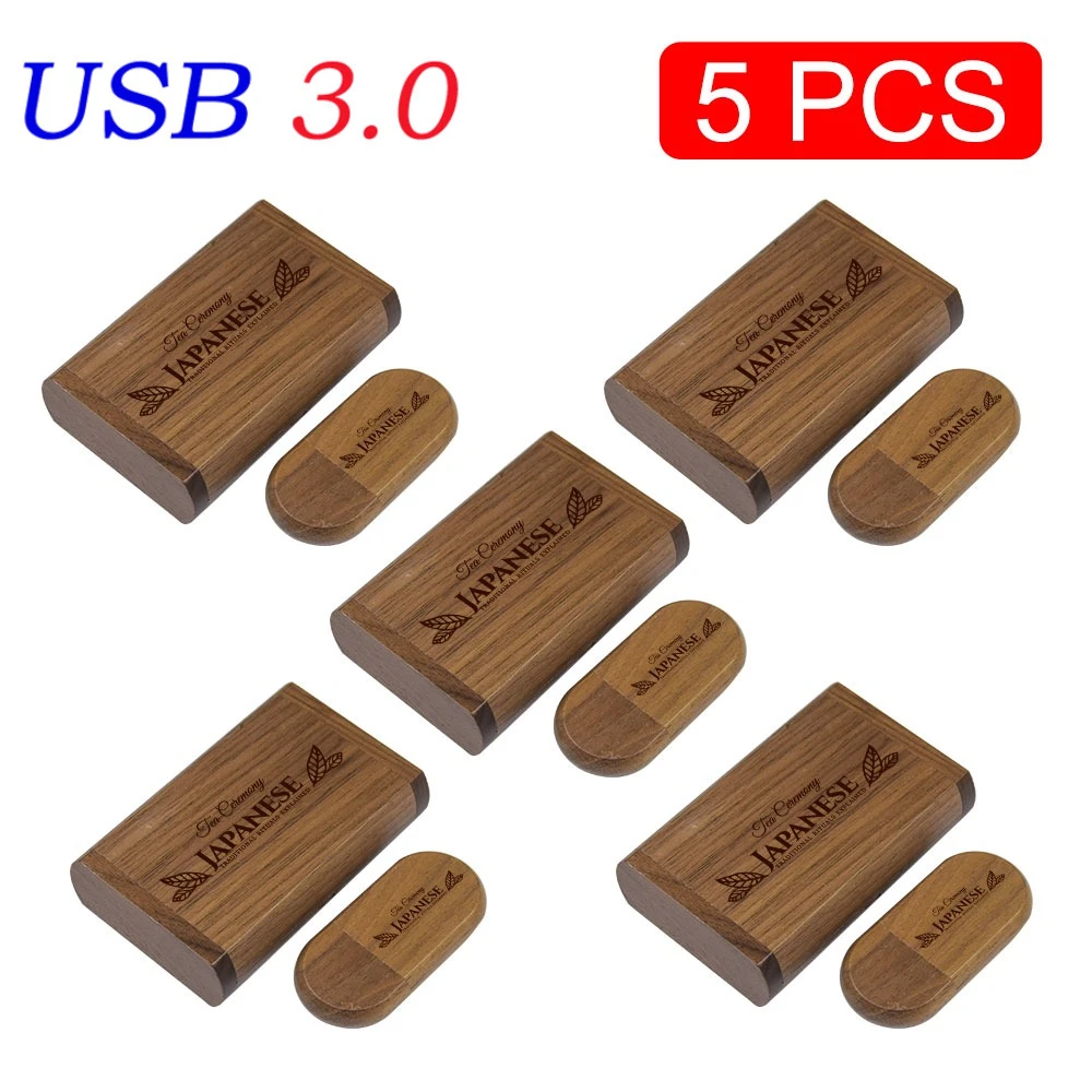 5 PCS/LOT USB Flash Drive Wooden Box Pen Drive Wood USB3.0 Free Custom Logo 32GB 64GB Memory Stick for Gift 4GB 8GB 16GB 128GB