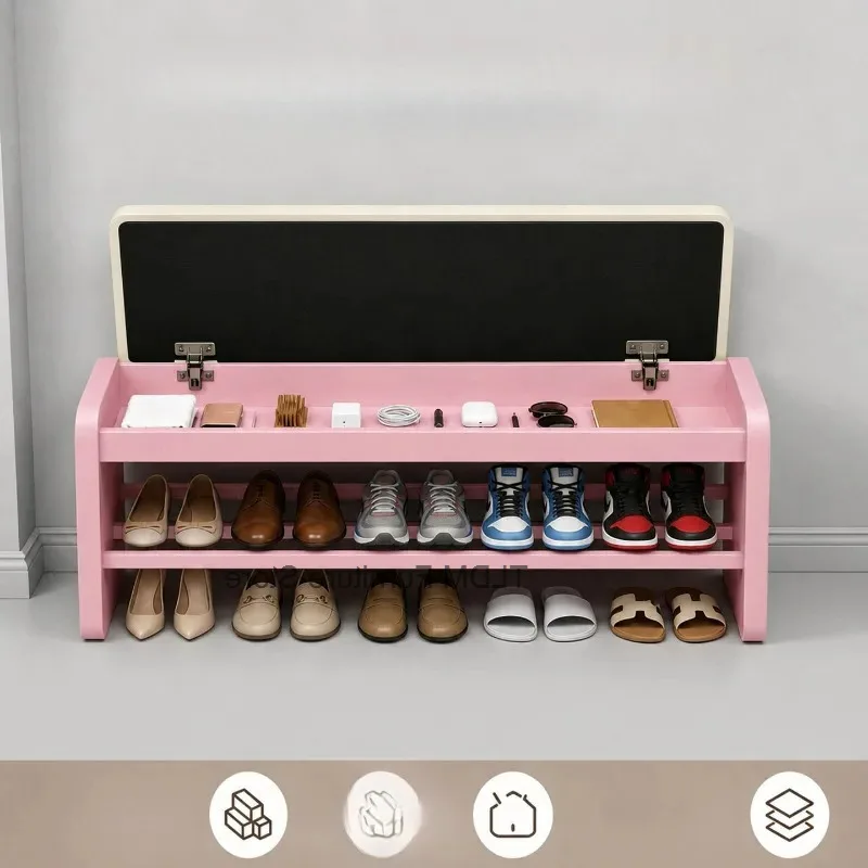 Storage Bench Double Layer Shoe Metal Rack Soft Padded Shoe Cushion Entryway Shoe Changing Stool Hallway Footwear Organizer Seat