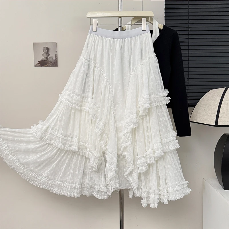 Korean style Beige Maxi Long Tulle Skirt Women Spring Summer Mesh  Big Hem A-line Skirt Female Party Skirt Clothes