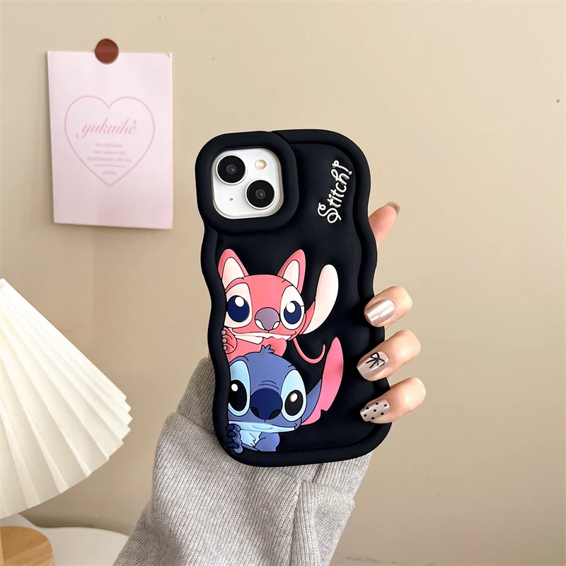 For iPhone 15 14 Plus 13 12 Pro Max 11 X Xs 3D Stitch Couple Phone Case So Cute Wave Side Luxury Cartoon Soft Silicone Cover