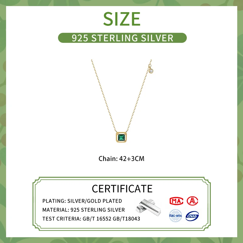 Real 925 Sterling Silver Emerald Square Zircon Pendant Necklaces for Women Minimalist OL Fine Jewelry Light Luxury Accessories