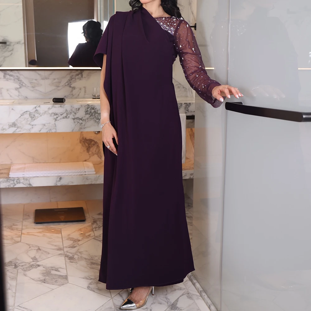 

Customized A-line Evening Dresses Ankle-length Scoop-neck Full Sleeve Prom Gown Fashion Crystal Simple Stole Draped Party Gown