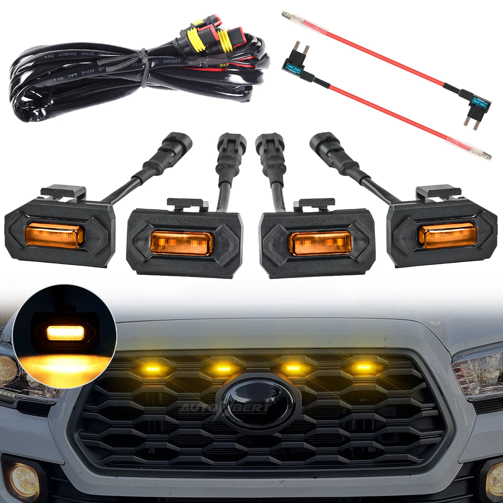 4x Raptor-style Orange Lens Amber Orange grille LED light Kit For Toyota Tacoma 2020-2023 TRD Off Road Grill Front Lighting 12V