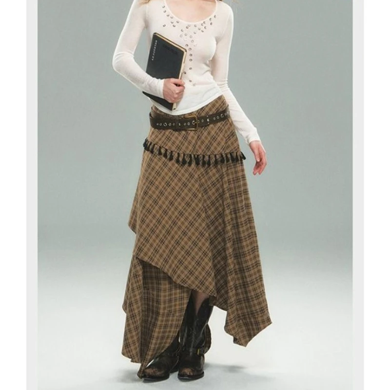 

Deeptown Vintage Plaid Women Skirt Korean Style Asymmetrical Y2k Long Skirts Harajuku Streetwear Retro Patchwork Midi Skirts