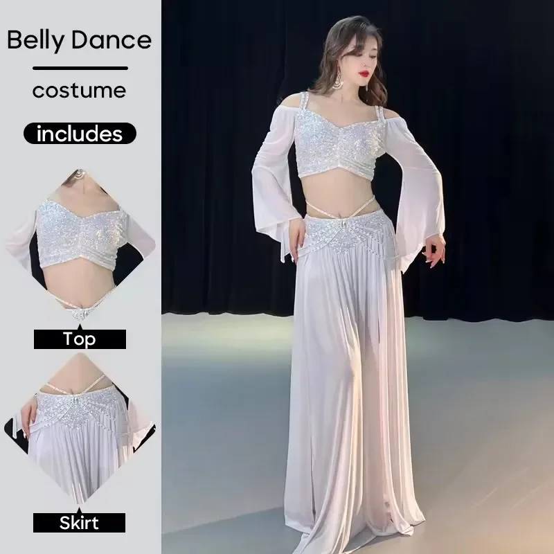 

2XL Belly Dance Costume Set for Women Mesh Long Sleeves Top+Long Skirt 2pcs Training Set Oriental Belly Dancing Wear Outfit