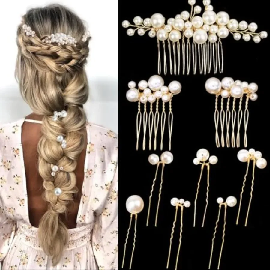 

9PCS Gold Wedding Bridal Hair Pins Clips Vintage Hair Headpiece Jewelry for Bridesmaids Brides Flower Girls Hair Accessories