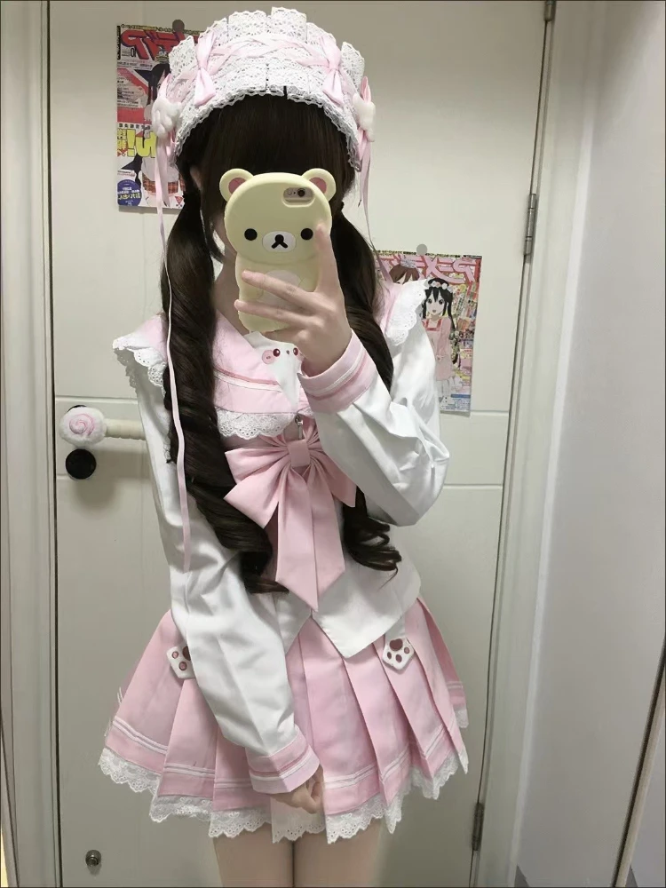 Kawaii Lovable Slim Bow с длинным рукавом, комплект из 2 предметов, женский дизайн, милые модные футболки с темно-синим воротником + кружевной торт, короткая юбка, костюм