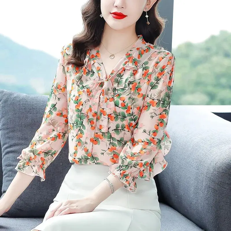 2024 New Spring/Summer Korean Fashion Elegant Loose Chiffon Pullover V-neck Ruffle Edge Sleeves Printed Bow Women\'s Shirt Top