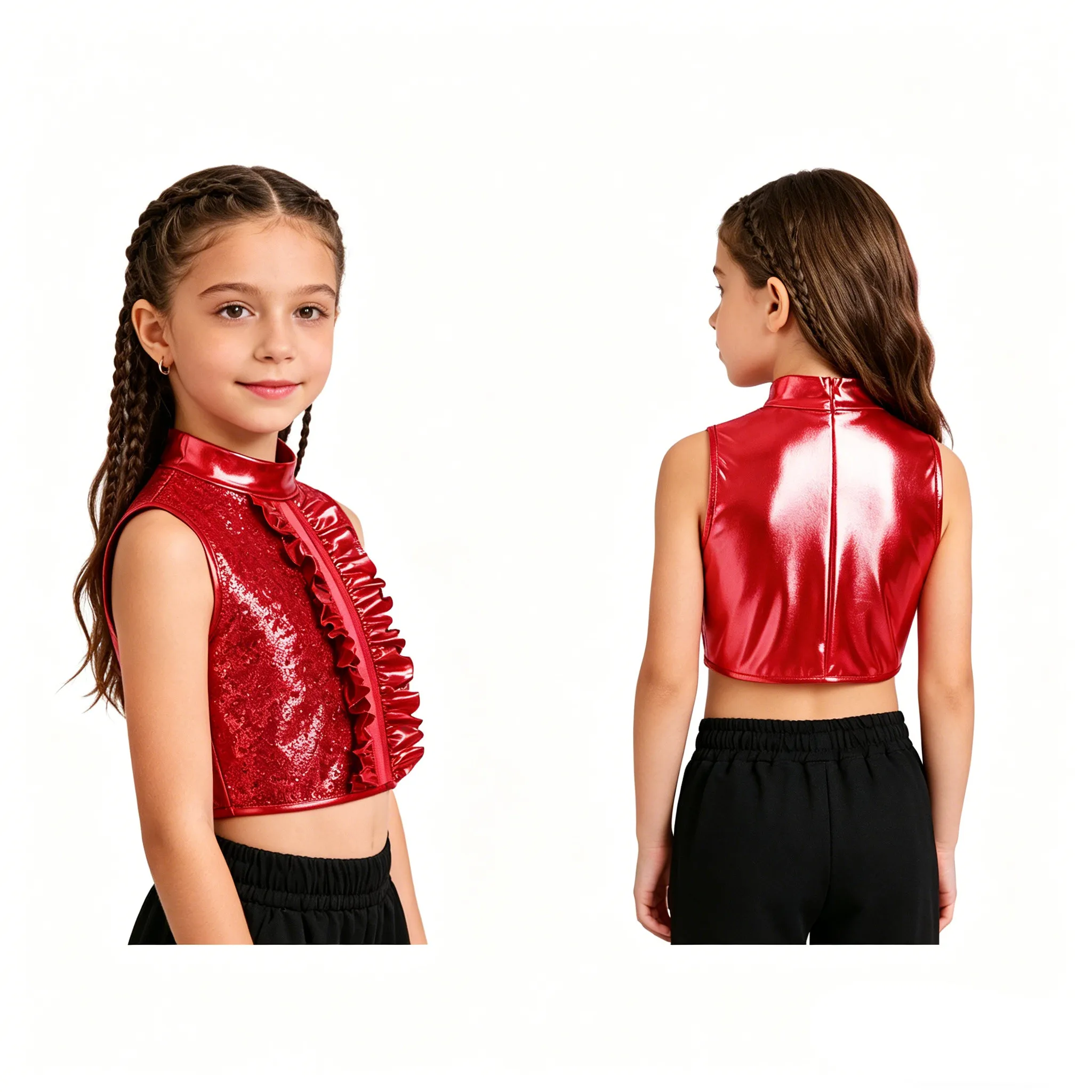 Girls Hip Hop Jazz Street Dance Performance Costume Metallic Shiny Sequin Zipper Ruffle Mesh Vest Crop Top School Show Dancewear