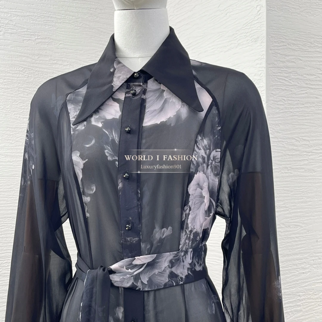 Floral Print Long Sleeve Maxi Dress 2025 New Fashion Black Ink