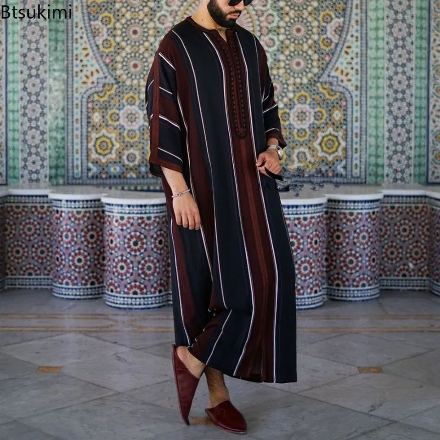 

2025 Men Muslim Abayas Vintage Casual Long Robes Arabic Islamic Clothing Striped Loose Shirt Jubba Thobe Middle East Saudi Dress