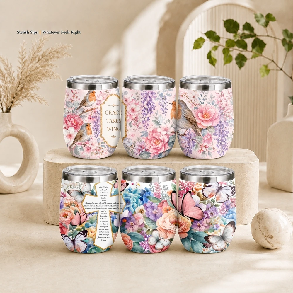 Faith Floral Design Vacuum Flasks 12oz Insulated Stainless Steel Mug with Lid Travel Tumbler Double Wall Drink Coffee Cup