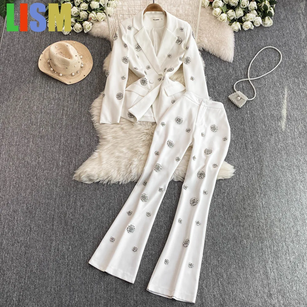 

LISM winter woman outfit 2025 Mature style professional commuting outfits 2pcs Suit diamond flowers Slim Blazer Trousers Set