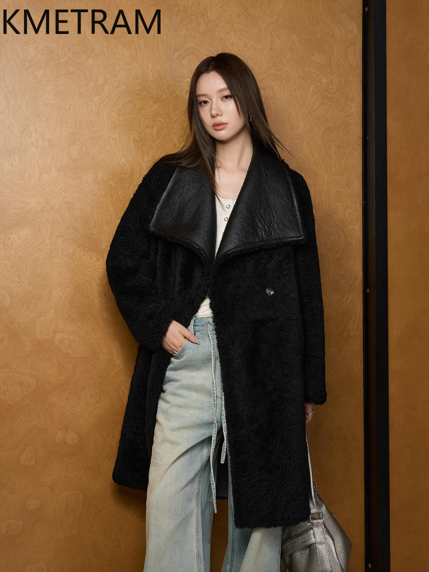 KMETRAM peau de mouton mérinos naturelle avec laine attaché manteau revers longue veste de fourrure véritable manteaux d'hiver femme vêtements шуба ж Dön mena