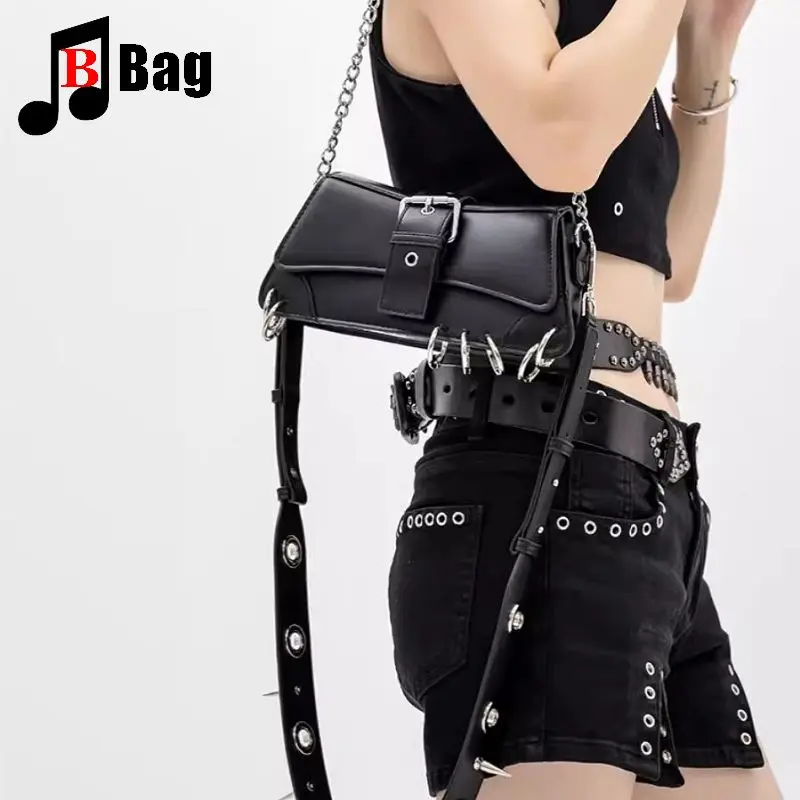 Y2K Gothic Women’s Girls Punk Handbags Harajuku Versatile One Shoulder Chain Diagonal Crossing Method Stick Crossbody Bag Totes