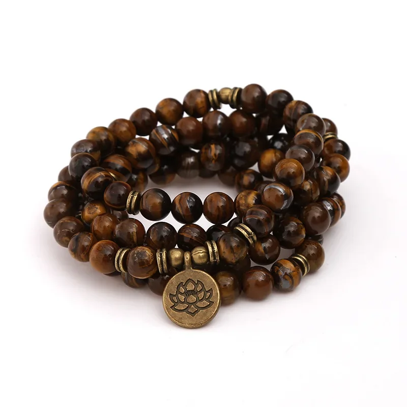 Men Women 8mm Tiger Eye Stone Beads Strand Charm Chakra Bracelet or Necklace Yoga Lotus OM Buddha 108 Mala Bracelet