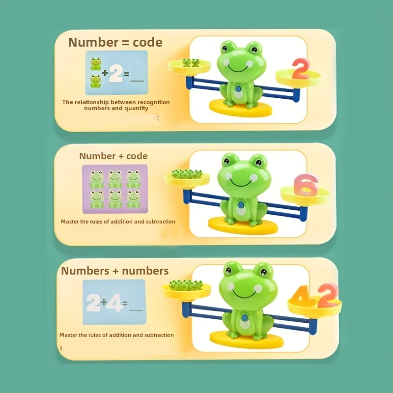 Frog balance math toy - green plastic, interactive weight stacking and counting game, suitable for young people
