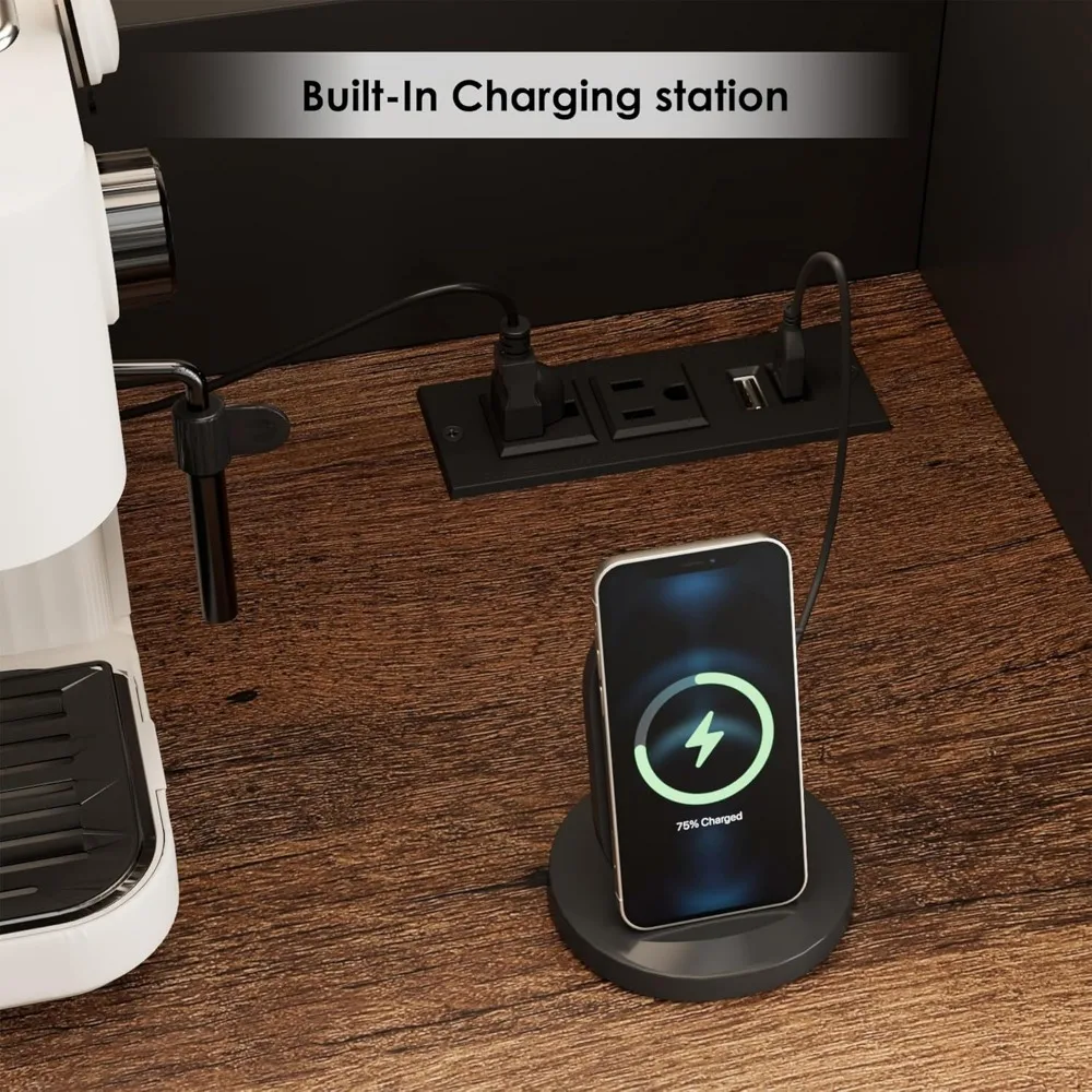 Gabinete de despensa de cocina con iluminación LED grande con toma de corriente, aparador de almacenamiento con puertas y estantes arqueados, 2 cajones para cocina mejorada