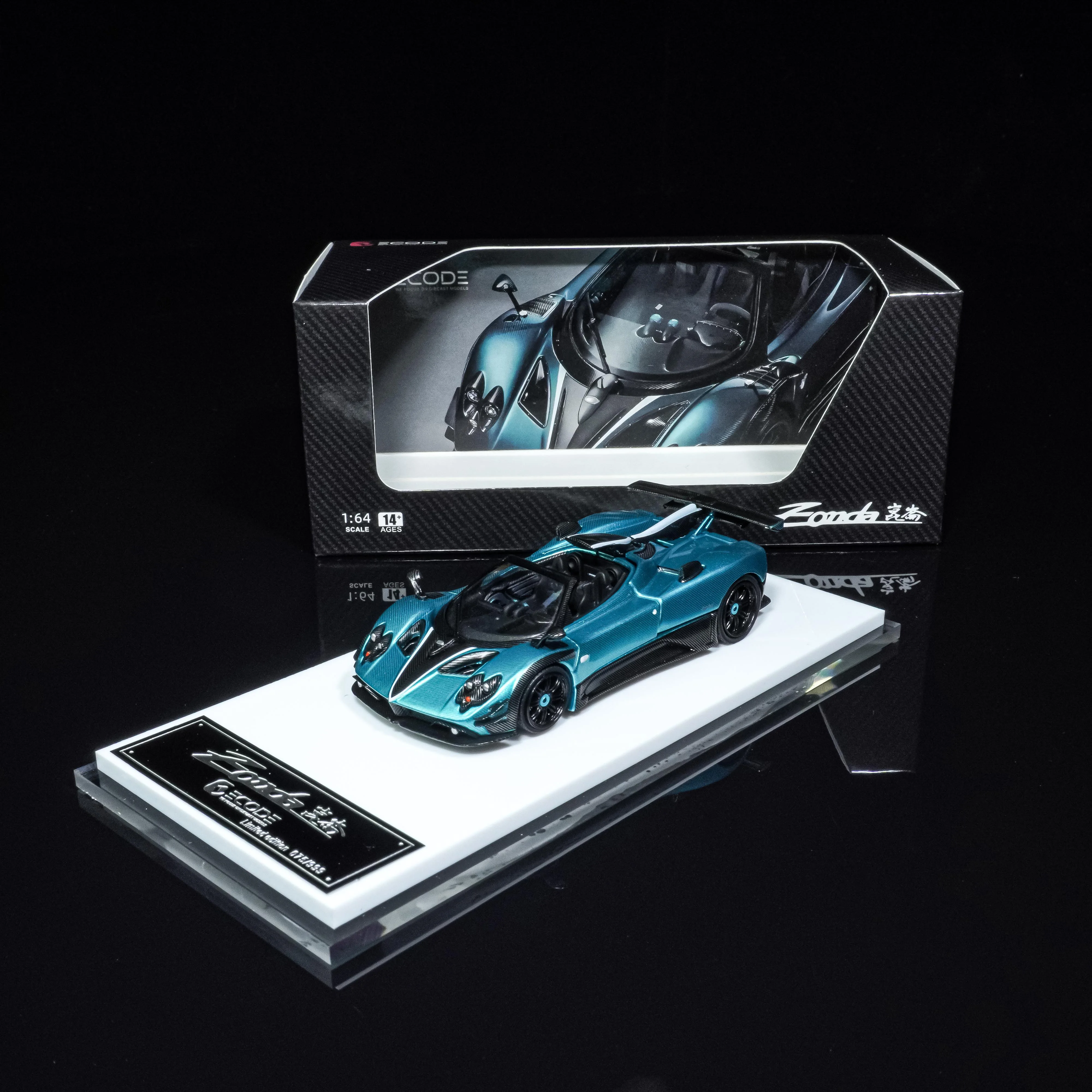 Масштабная модель 1/64 Pagani Zonda Kunlun Blue Carbon Limited 999 с магнитной крышкой двигателя, акриловой подставкой, литой корпус из сплава, коллекционный подарок, декор для дома