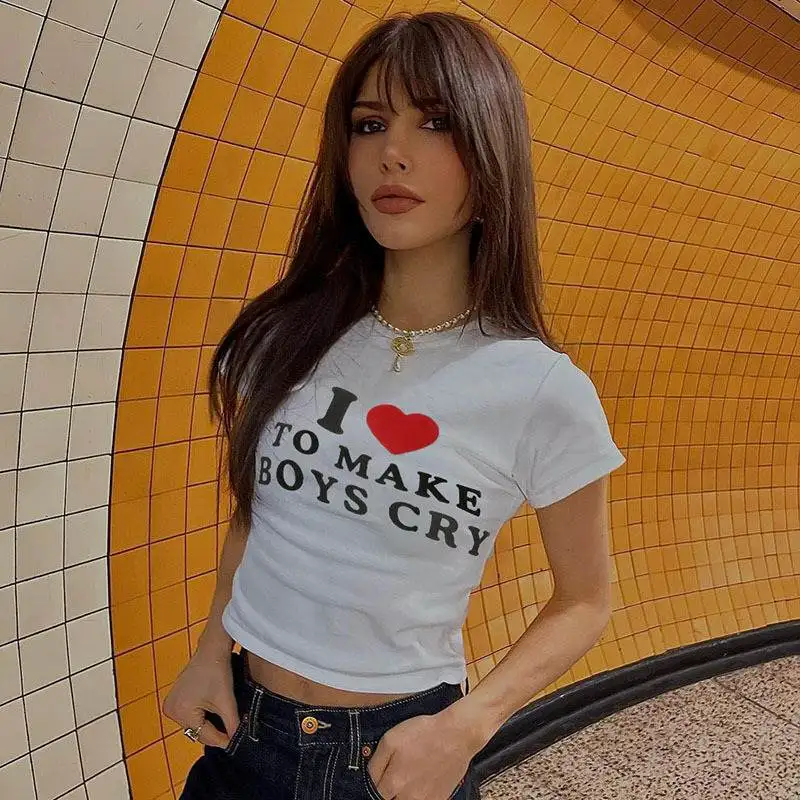 Summer  Y2K Letter Print Cute Crop Women's T-Shirts Casual Comfortable Fit Top Quality Triacetate Fiber 100%